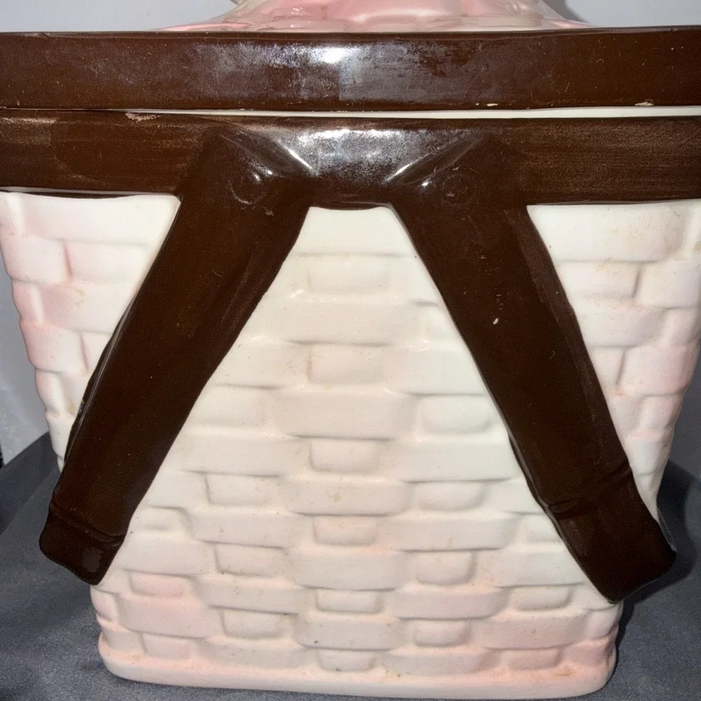 Vintage Napco MCM Basket Weave Cookie Jar w/ Lid With Bla&whit Puppy Basket Pink